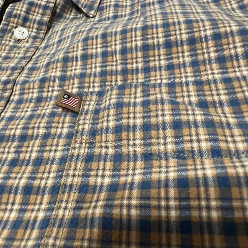 Ralph Lauren Polo Jeans Co Shirt Mens XL Blue Tan Plaid Cotton Button Down